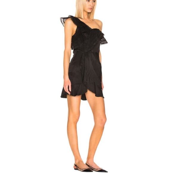 Self-Portrait One Shoulder Guipere Lace Trimmed Black Satin Mini Dress Size 4 - Picture 5 of 14